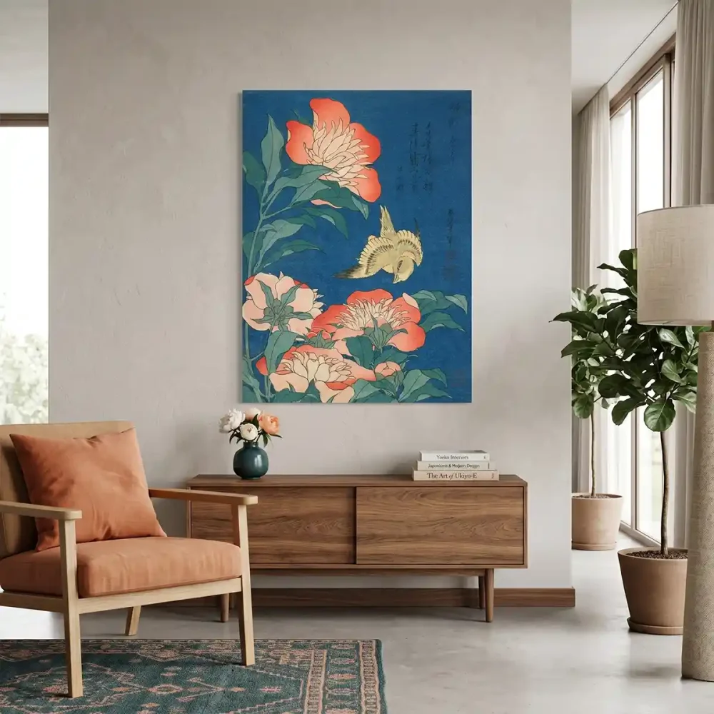 tableau hokusai canari et pivoines tableau hokusai canari et pivoines