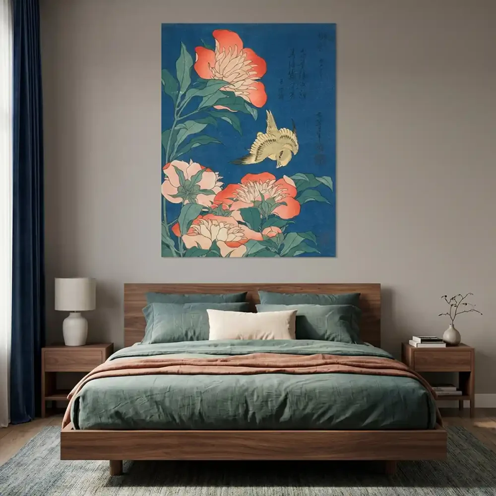 tableau hokusai canari et pivoines tableau hokusai canari et pivoines