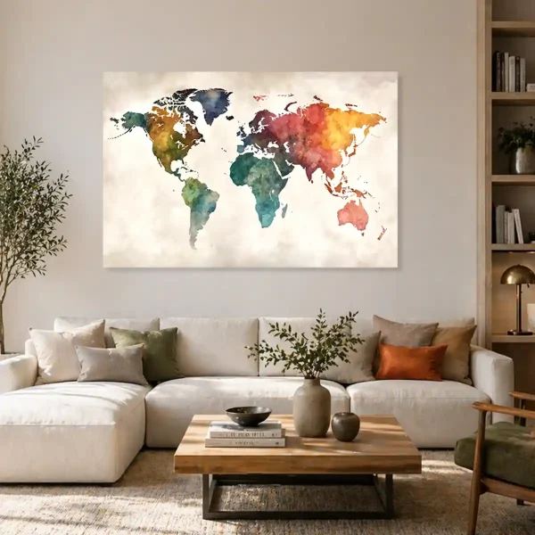tableau carte du monde aquarelle